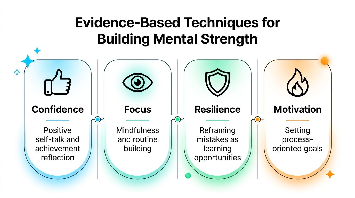 An infographic showing four evidence-based techniques for building mental strength: confidence, focus, resilience, and motivation.