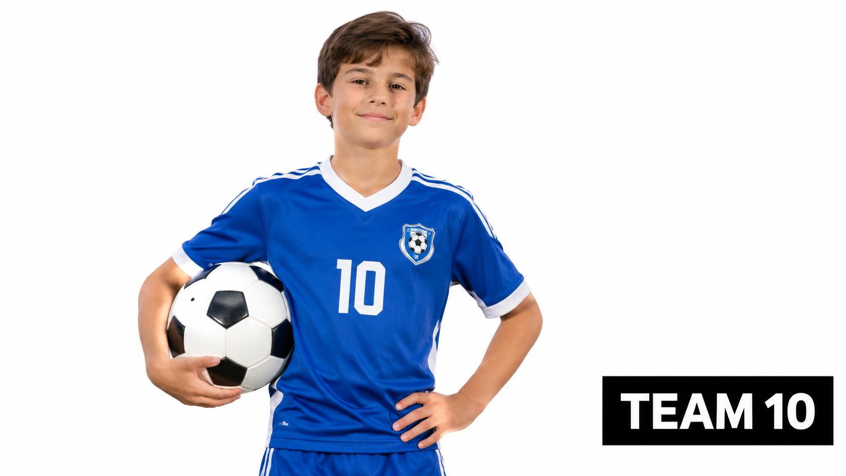 A young boy wearing a blue soccer jersey with number ten holds a soccer ball.