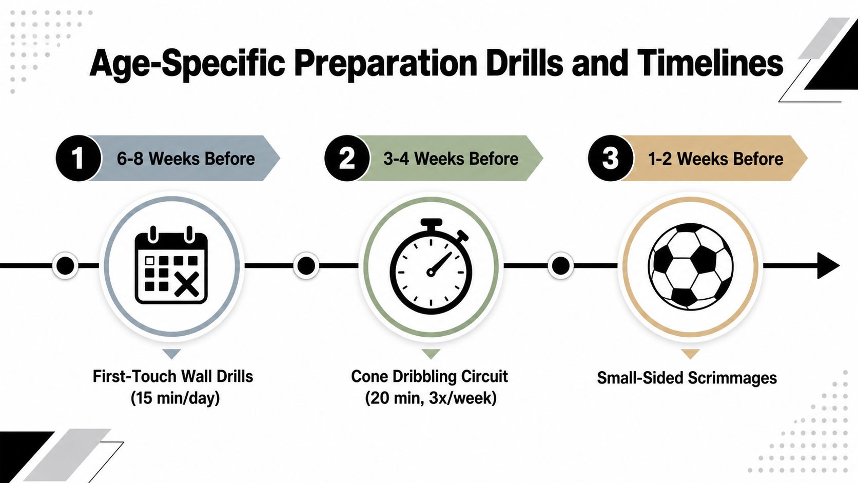 A timeline graphic showing soccer preparation drills: wall drills, cone dribbling, and scrimmages for team tryouts.