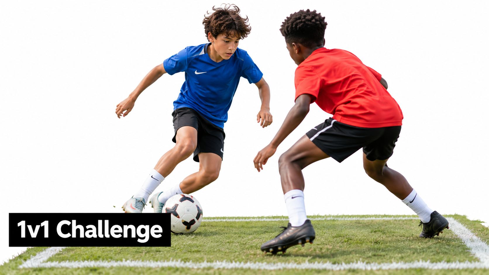 Two young soccer players engaging in a one-on-one challenge on a grass field, practicing dribbling skills.