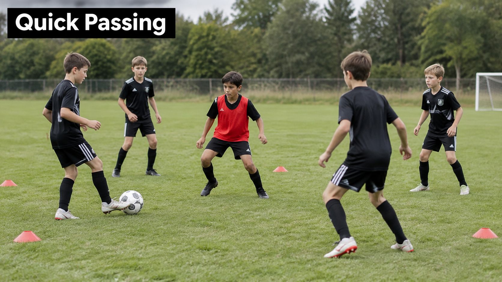 A group of young soccer players practicing quick passing drills on a grassy field with red cones.
