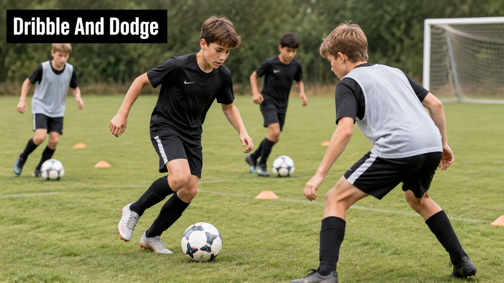 A group of young soccer players practicing dribbling and defensive drills on a grassy field.