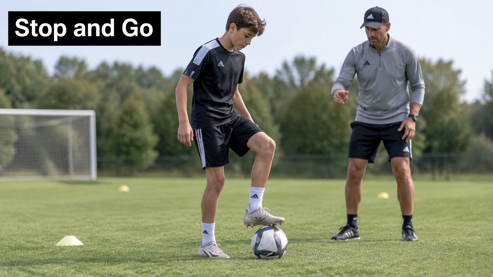 A soccer coach instructing a young player during a skills training session on a sunny field.