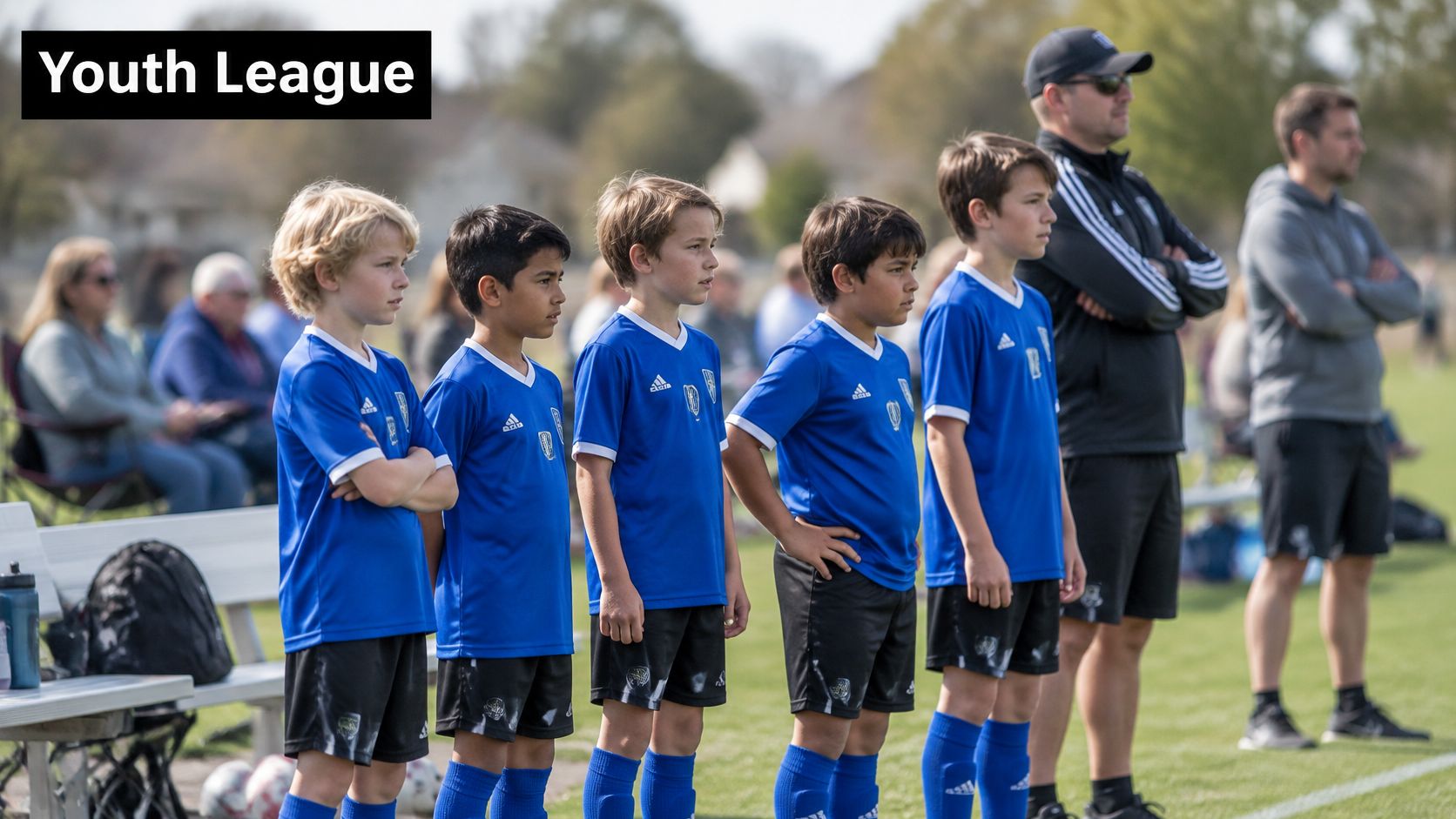 A line of young soccer players in blue uniforms standing together with their coaches on the field.