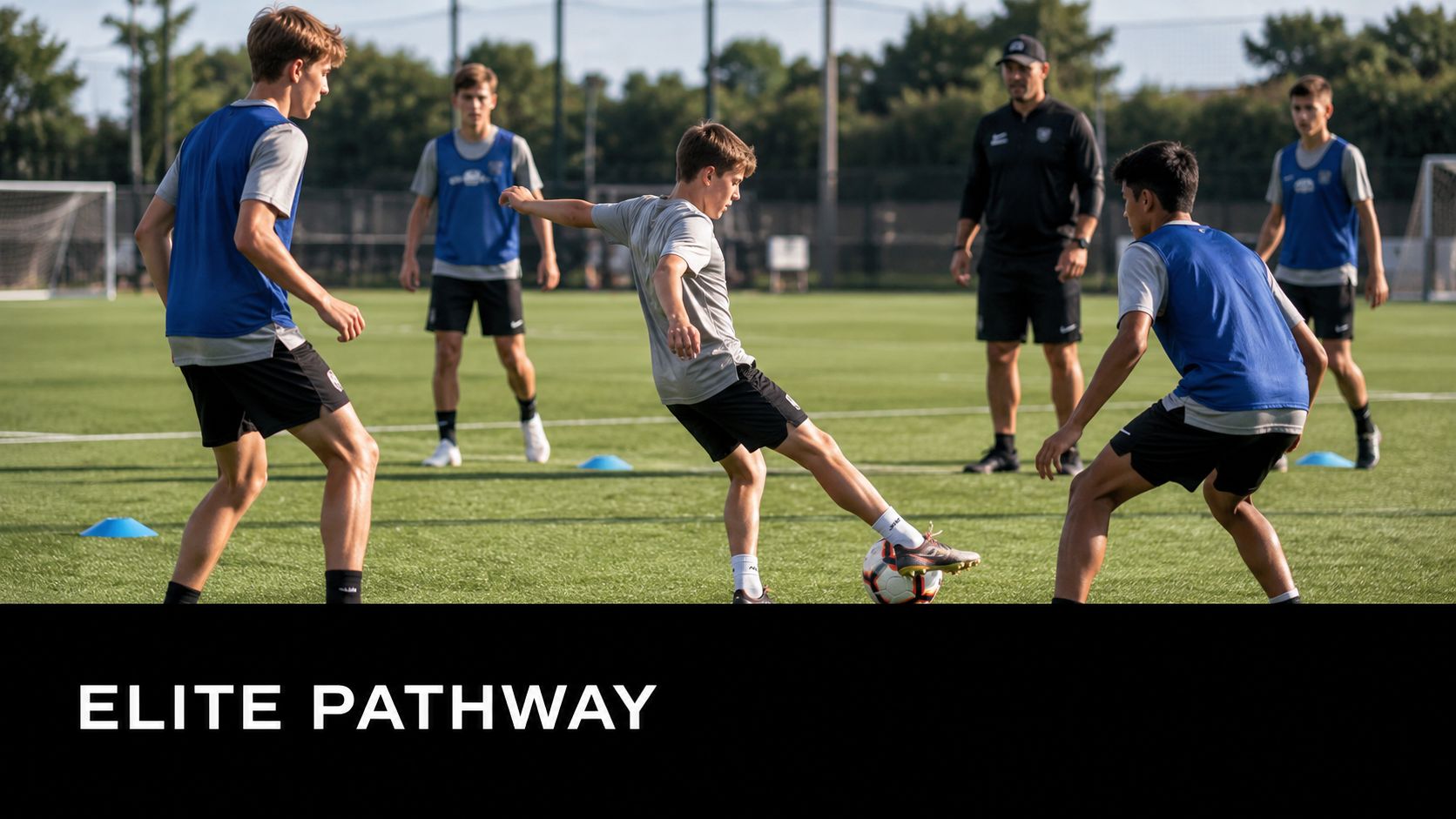 A group of teenage soccer players practicing drills on a field with their coach overseeing the session.
