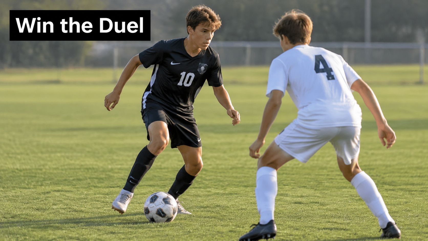 A soccer player in a black jersey dribbling a ball while being defended by an opponent.