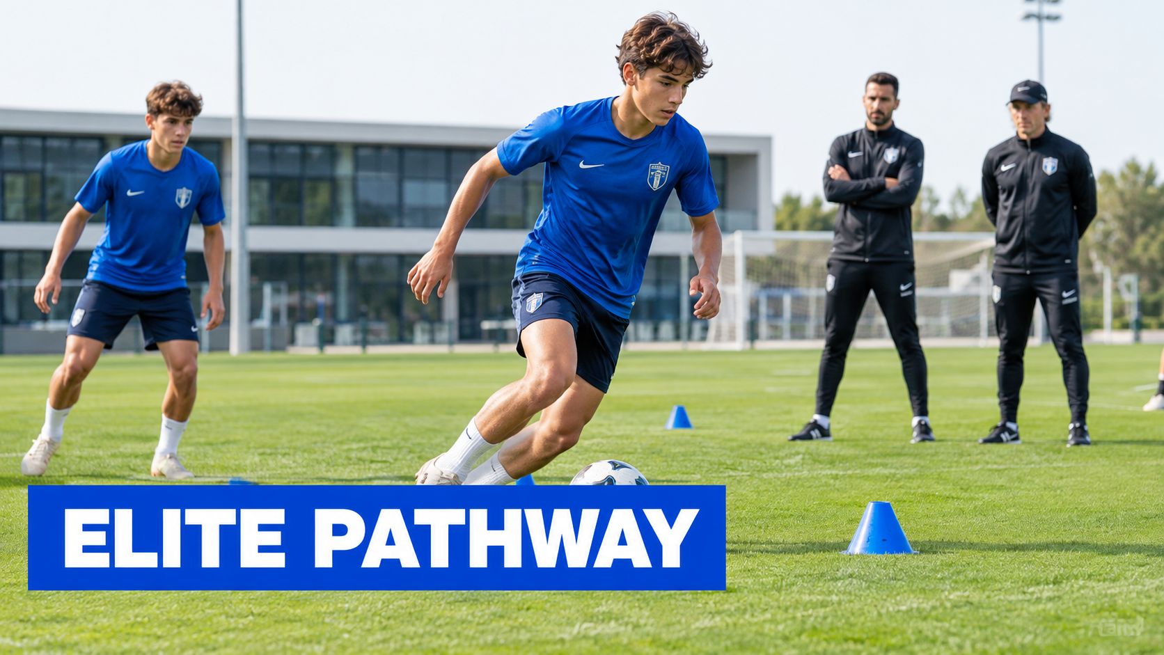 Two young soccer players in blue uniforms train on a grass field under coach supervision.