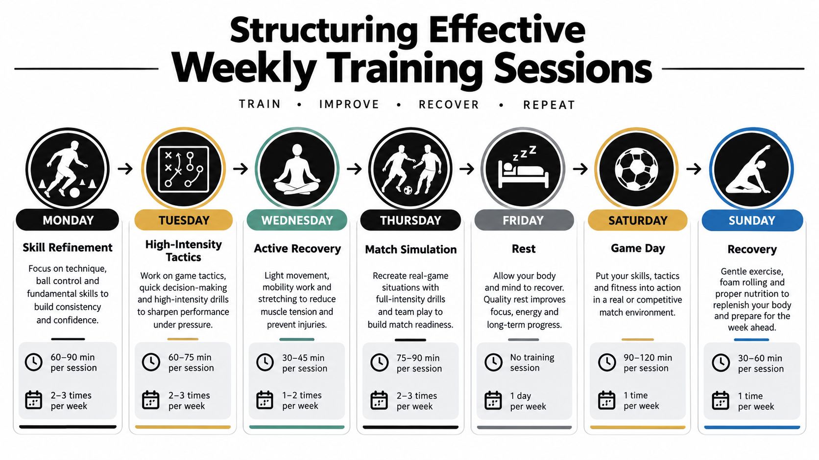 A weekly training schedule infographic for soccer players featuring daily activities from skill refinement to match day.