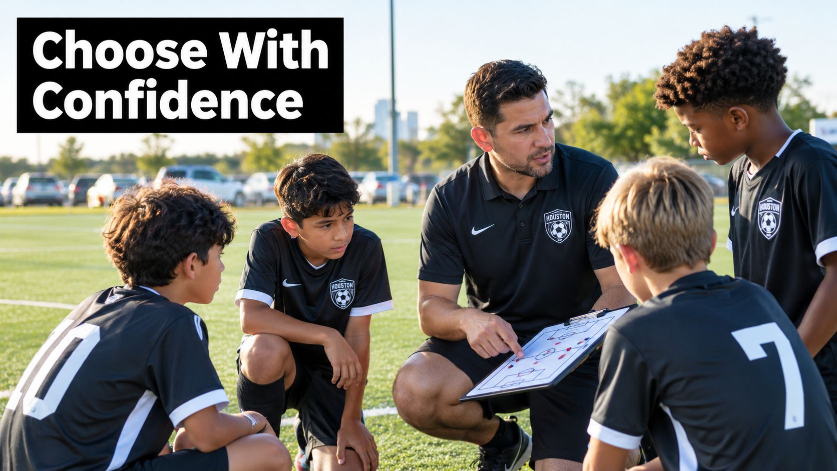 A soccer coach teaching young players strategies on a whiteboard on a sunny outdoor soccer field.