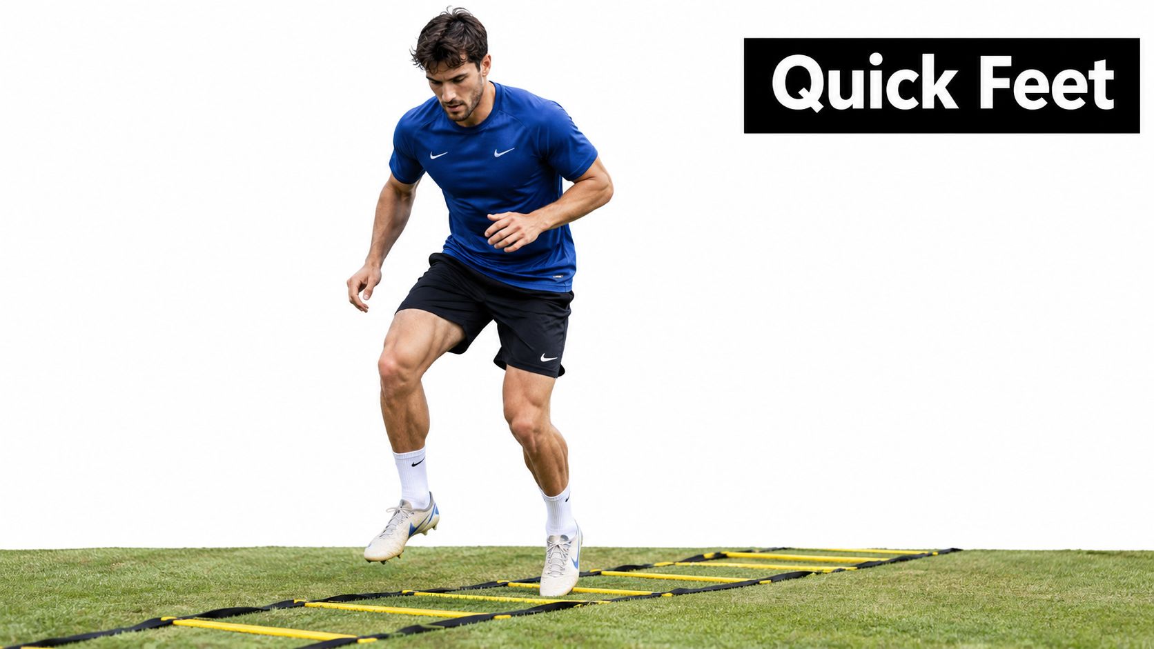 A soccer player performing agility ladder exercises on a green field to improve speed and footwork.