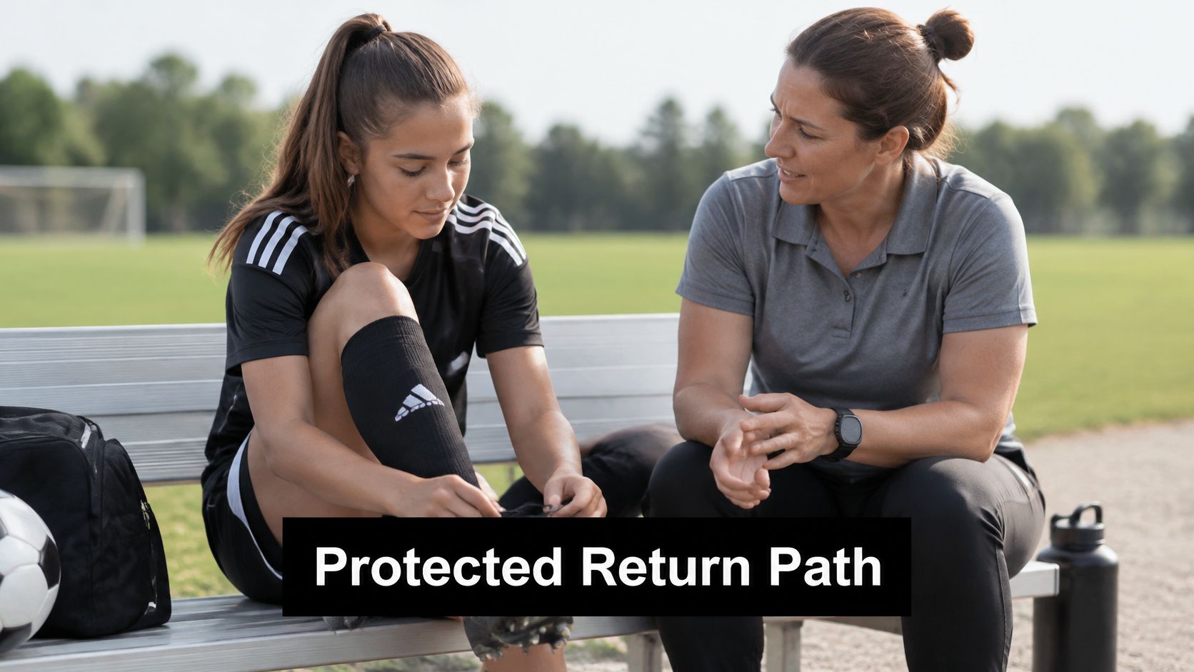 A soccer coach talks to a young athlete while she adjusts her cleats on a park bench.