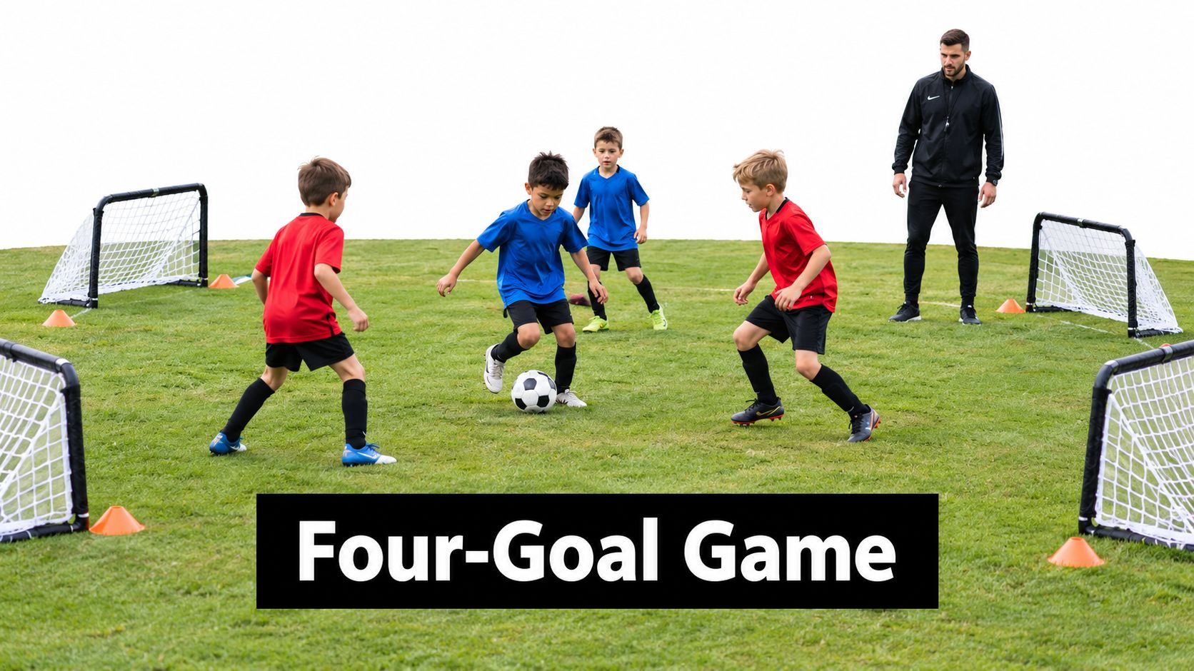 A soccer coach observes four children playing a competitive four-goal soccer drill on a green field.