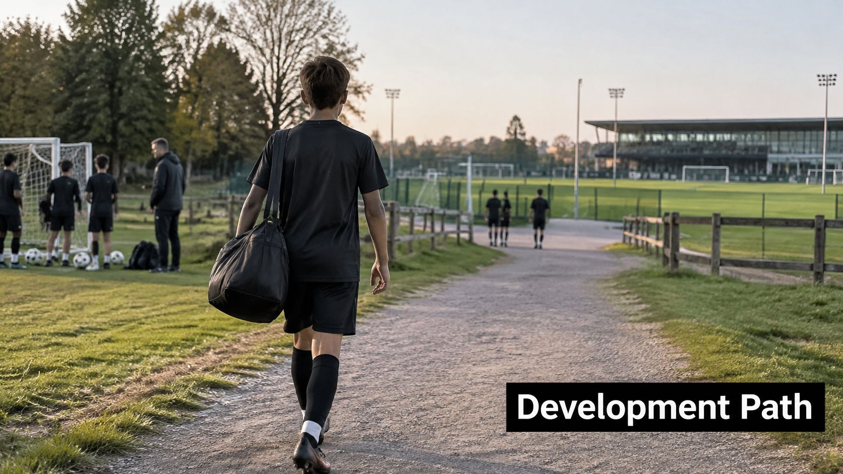 A young soccer player walks away down a gravel path towards a professional sports training facility.