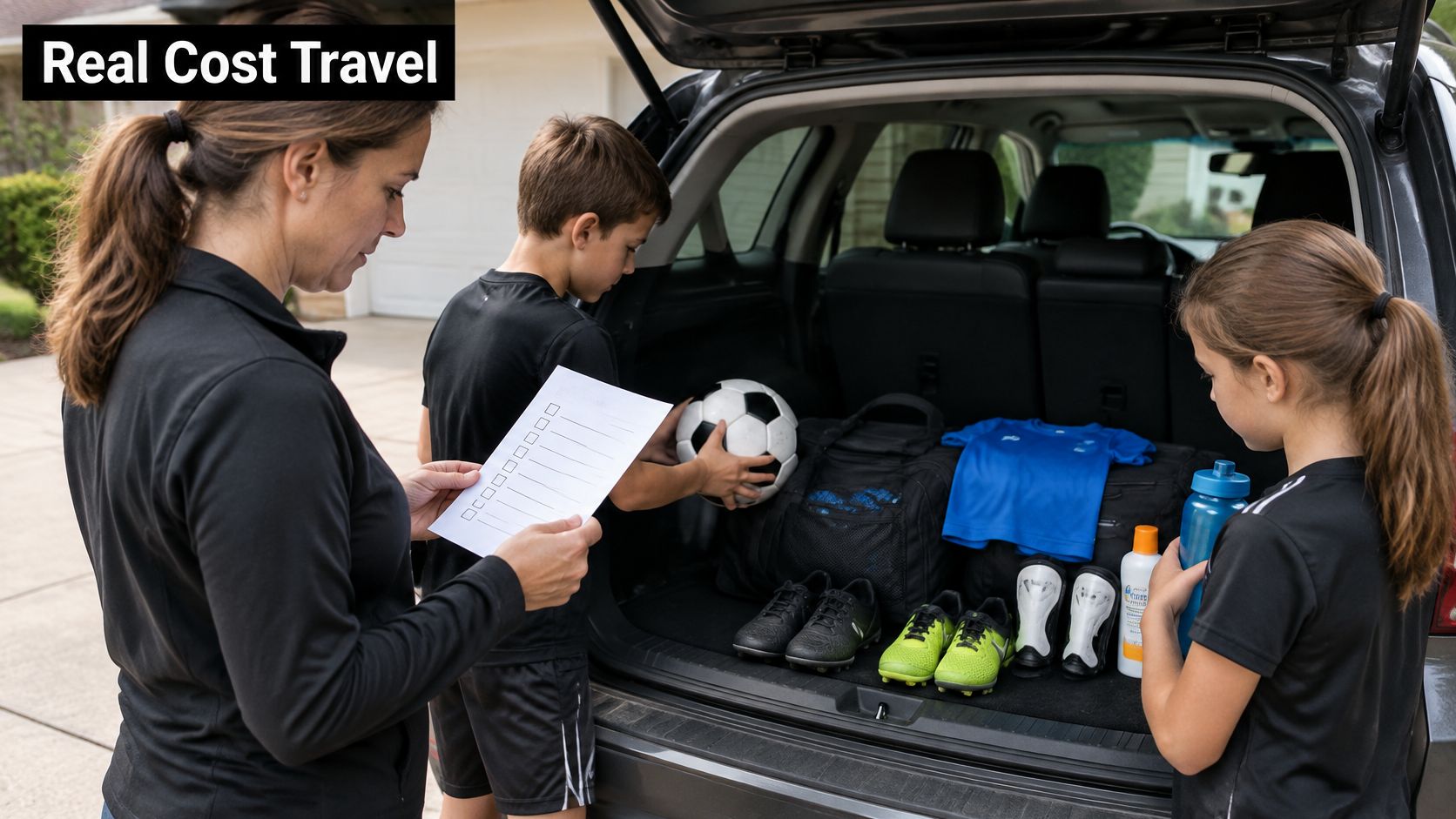 A mother checking a list while her children pack soccer gear into the back of a car.