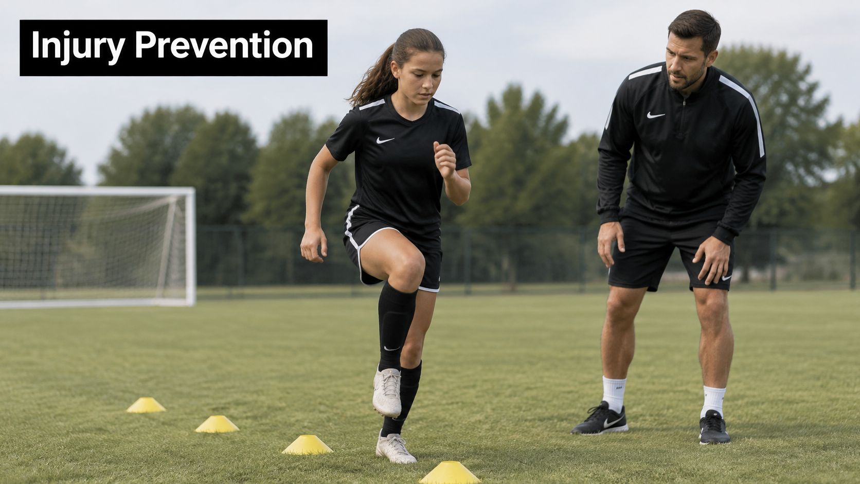 A soccer coach observes a female athlete performing agility drills with cones on a grassy field.