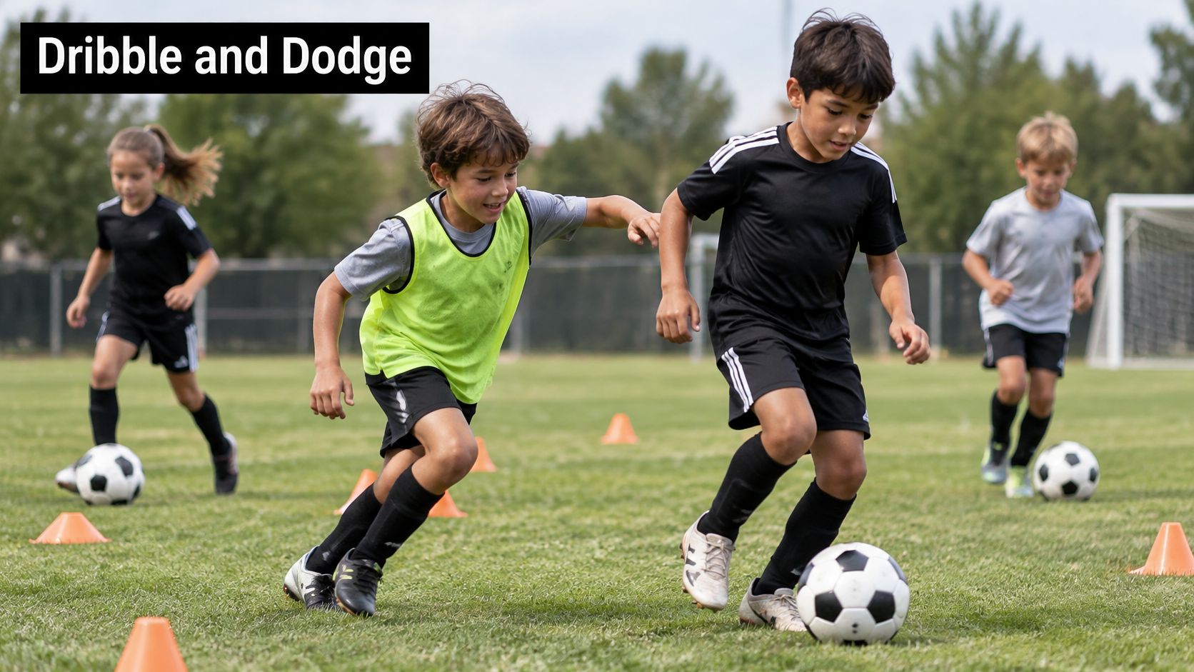A group of young children practicing soccer drills with a coach on a green field