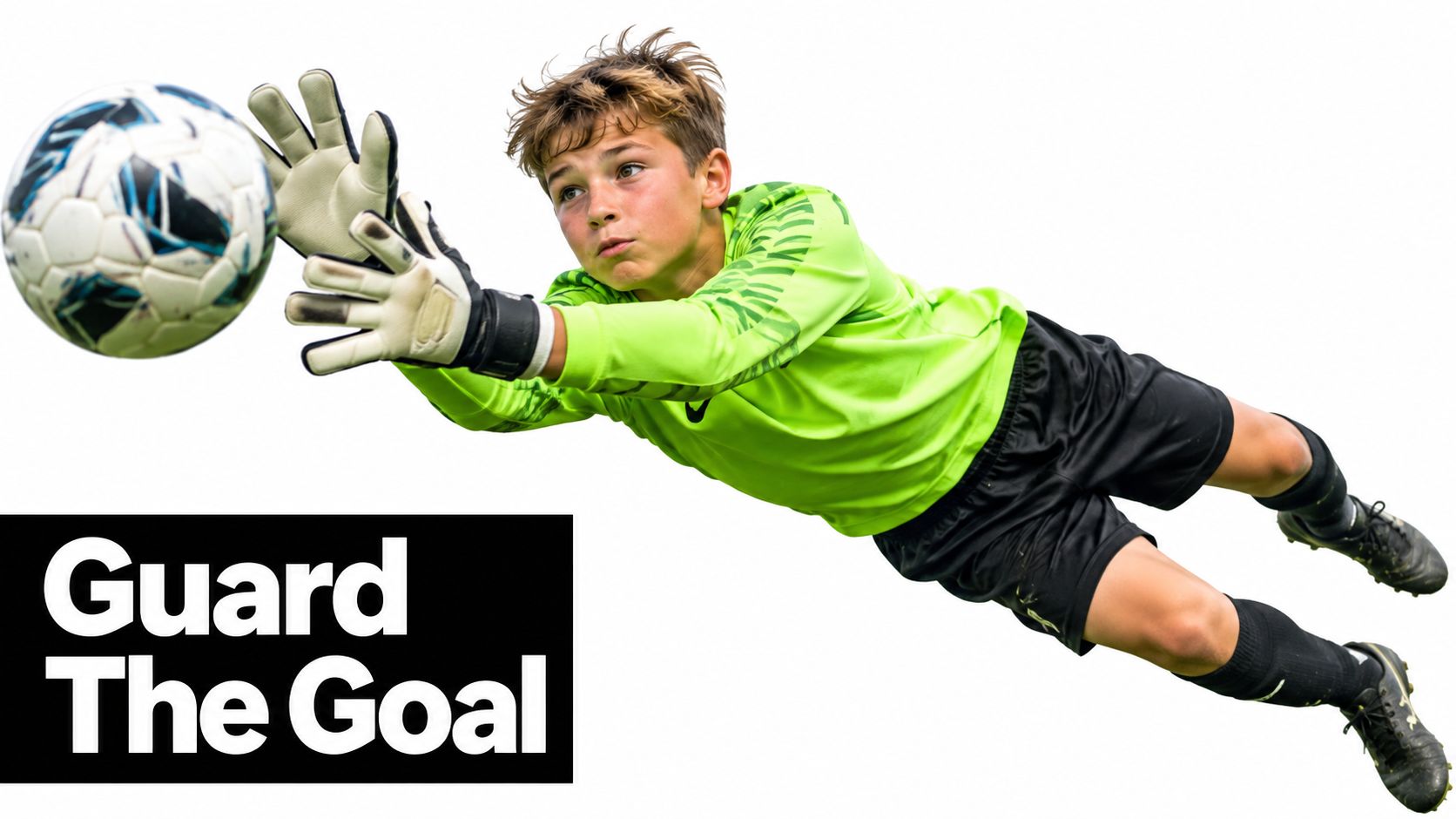 A young goalkeeper diving horizontally in the air to catch a soccer ball during a game.