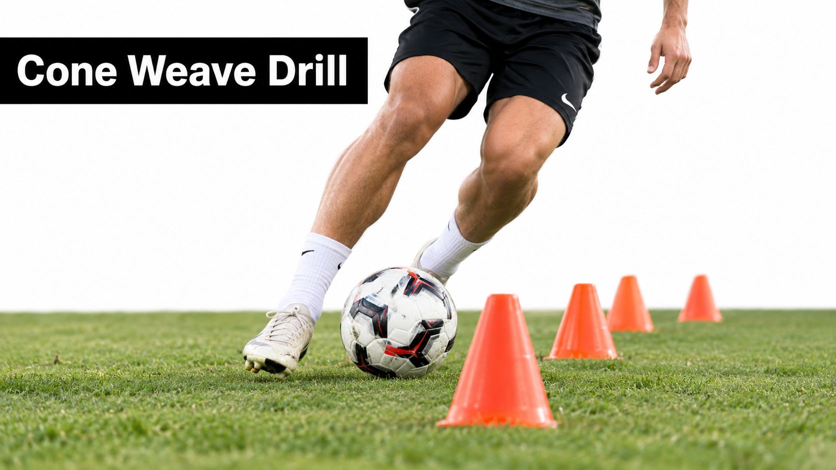 A soccer player performing a cone weave drill on grass with a ball during training practice.