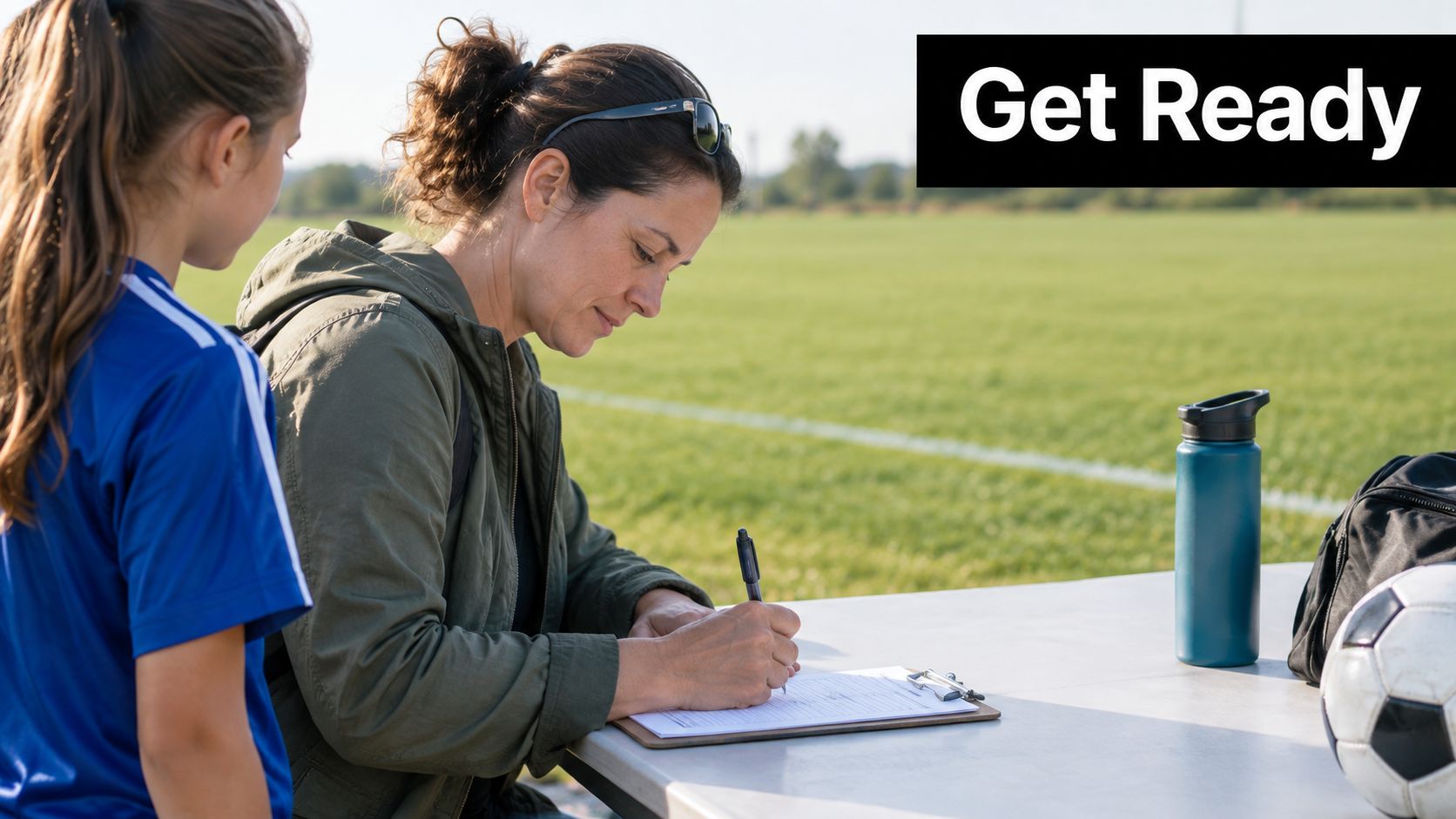 A female coach sits at a table outdoors writing on a clipboard while a young player watches.