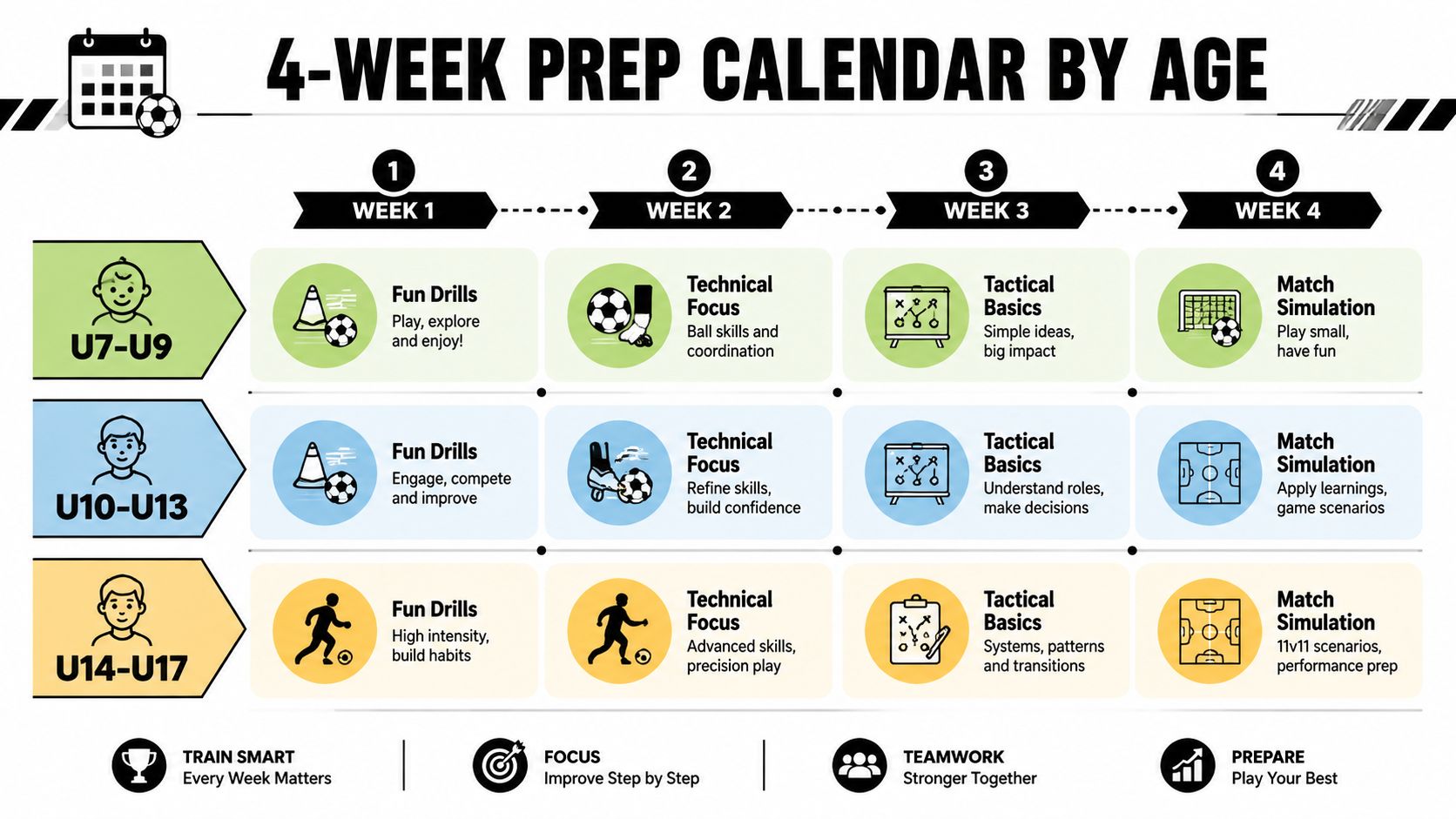 A structured four-week soccer preparation calendar for various youth age groups including U7 to U17 players.