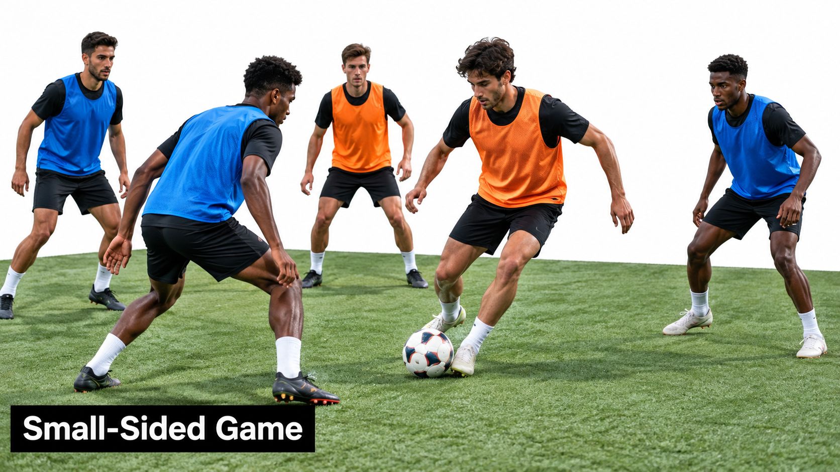 A group of soccer players wearing practice bibs performing footwork drills on a green artificial grass field.