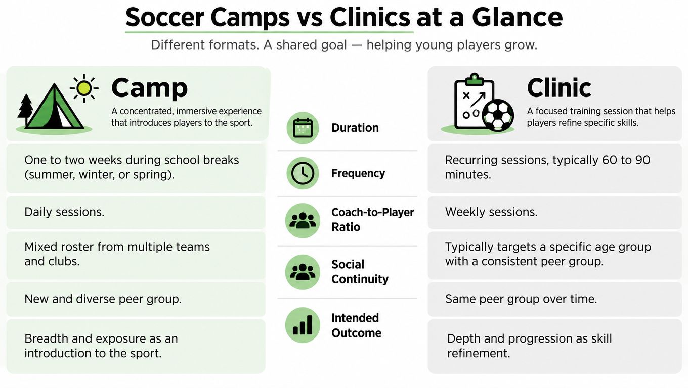 A comparison infographic showing the key differences between soccer camps and clinics for young athletes.