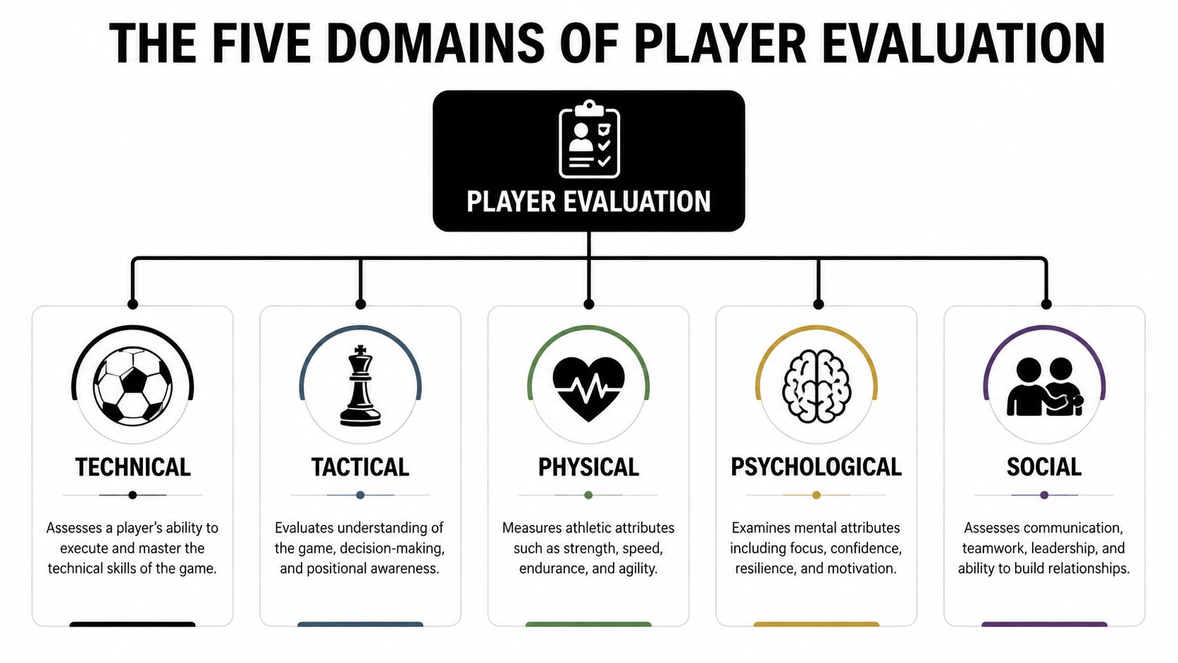 A diagram illustrating the five domains of soccer player evaluation: technical, tactical, physical, psychological, and social skills.