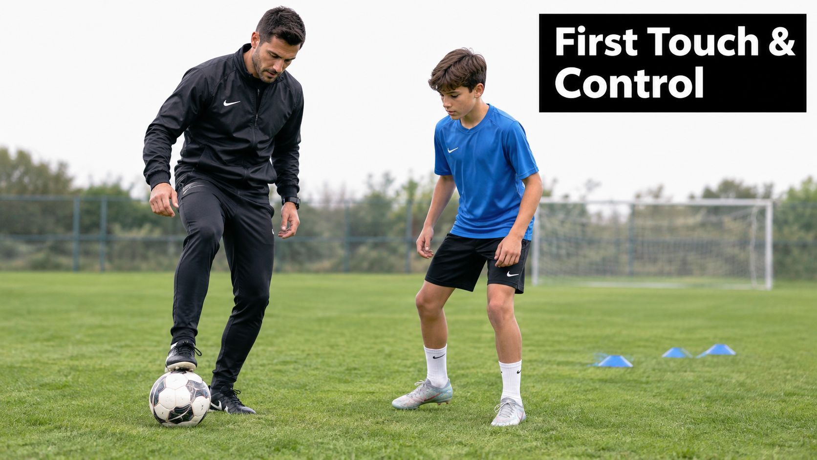 A soccer coach teaching a young player ball control techniques on a grassy practice field.