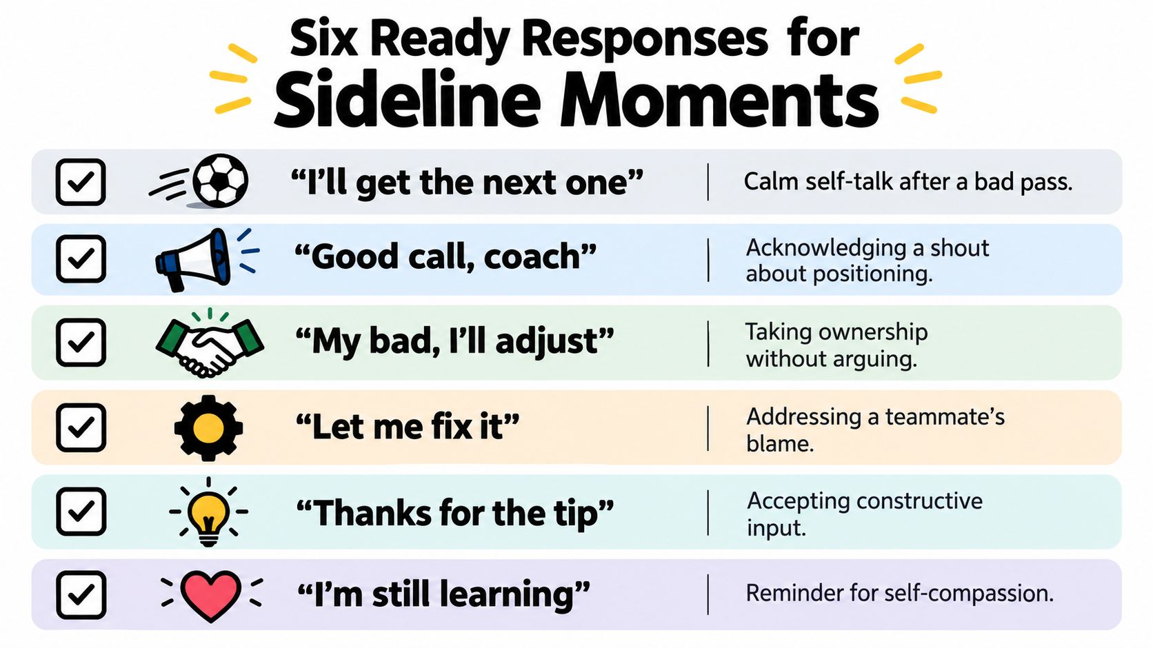 A graphic featuring six ready-to-use positive responses for athletes to handle common sideline interactions and feedback.