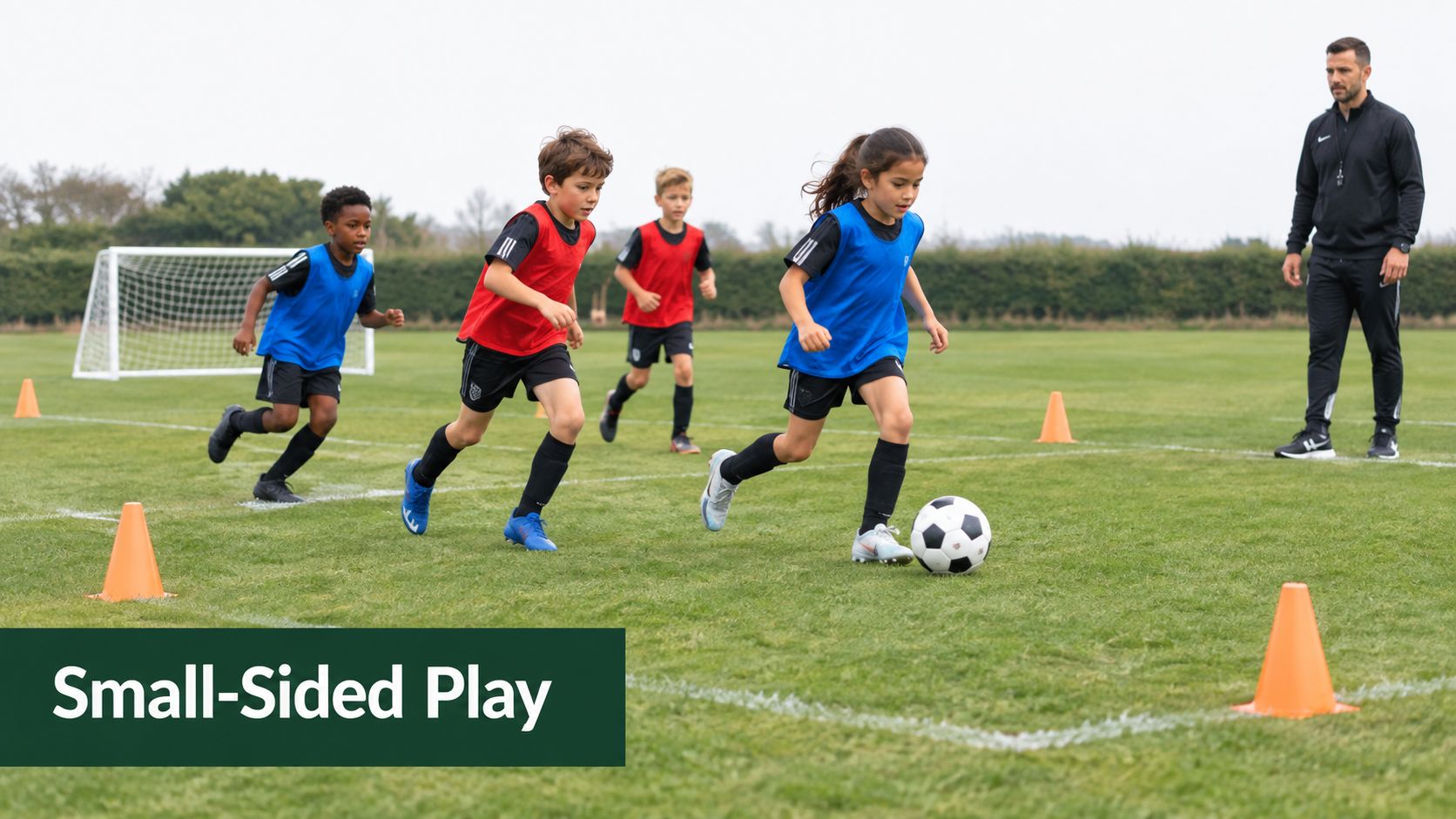 A soccer coach observes a group of young children practicing small-sided soccer skills on a grassy field.