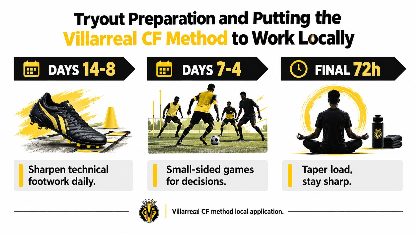 A visual guide outlining the Villarreal CF soccer tryout preparation method split into three distinct training phases.