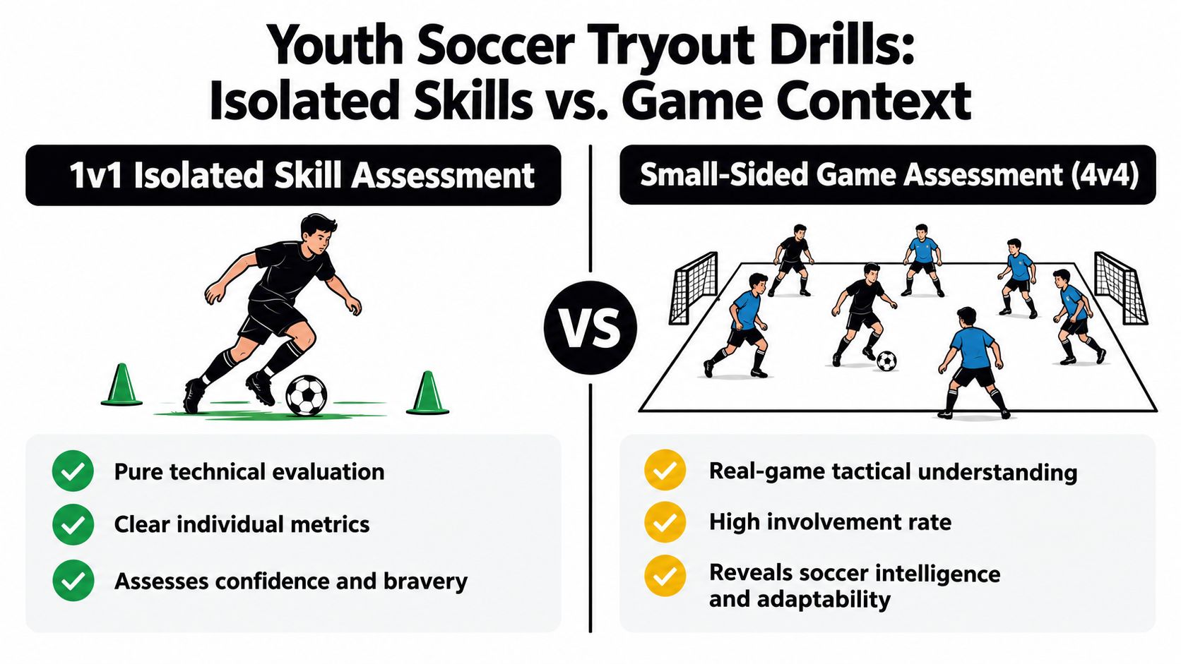 A graphic comparing isolated 1v1 soccer skills against 4v4 small-sided game assessments for youth player evaluation.
