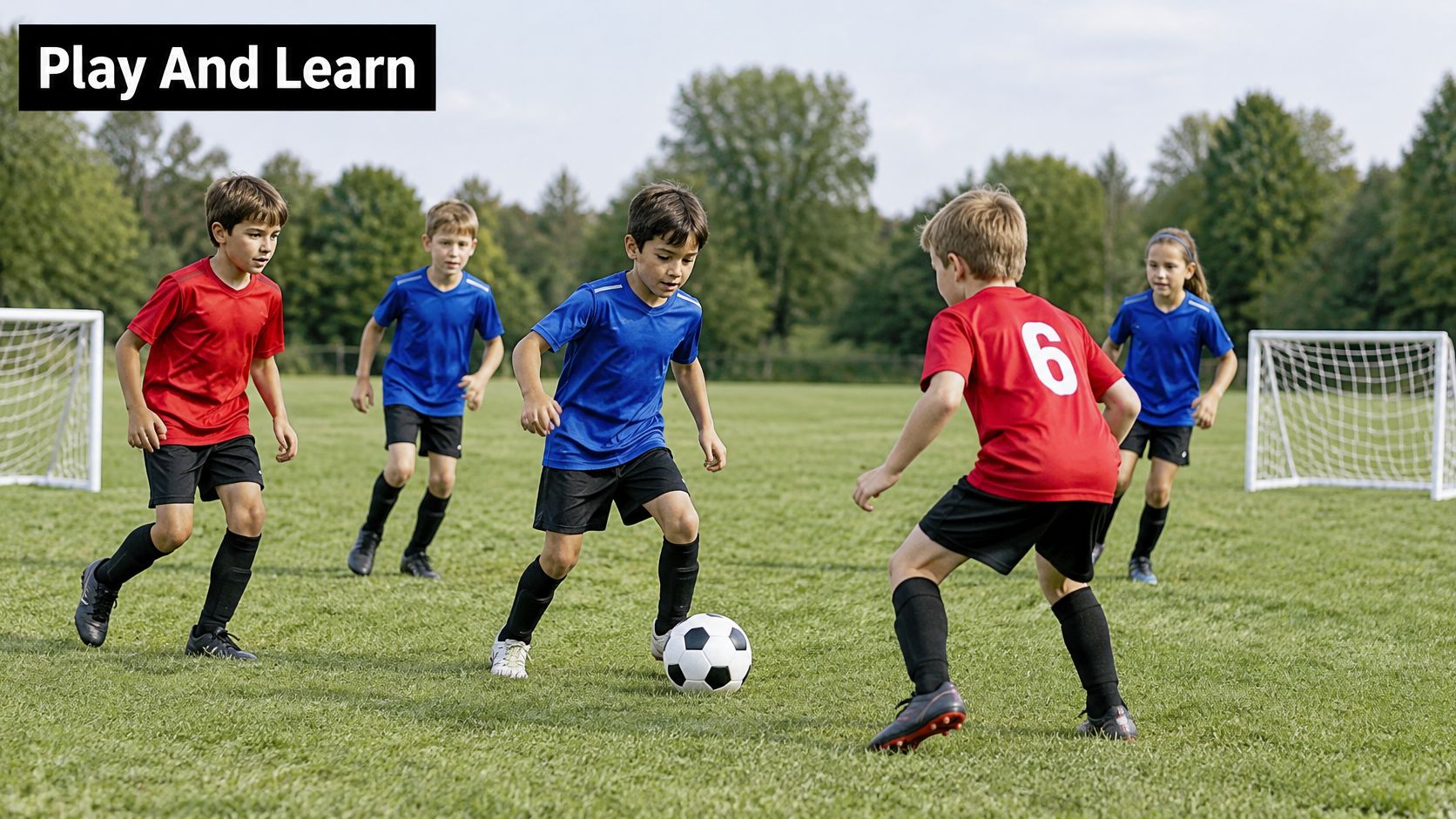 A group of young children playing a soccer match on a green field during training.