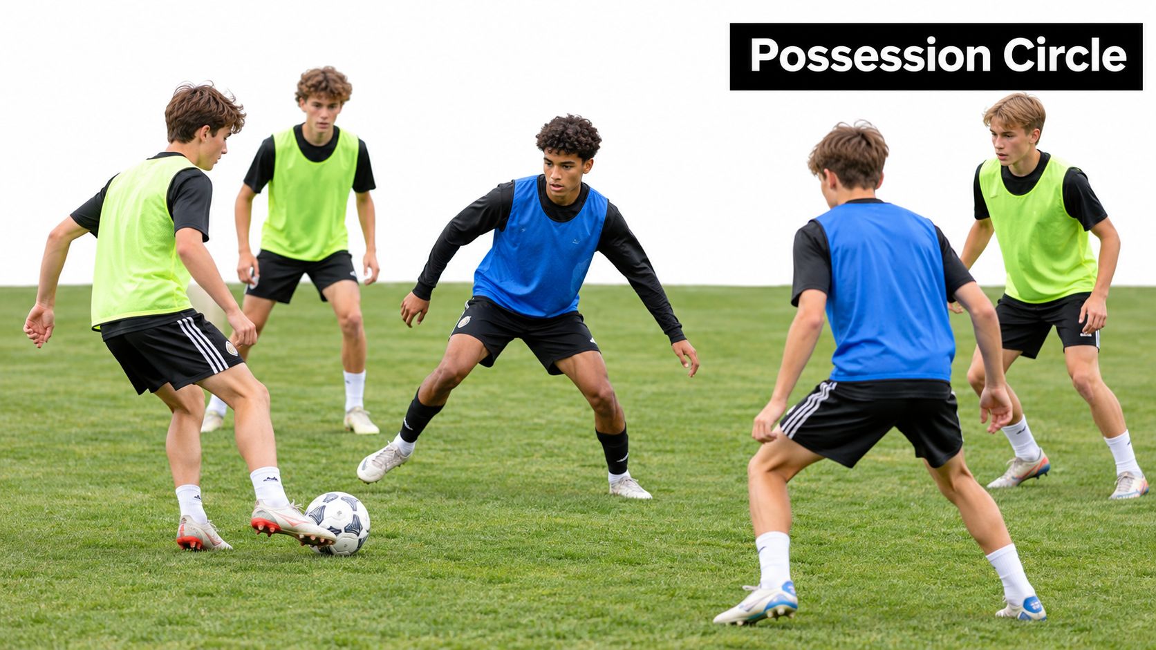 A group of teenage soccer players wearing colored vests practicing possession drills on a grassy field.
