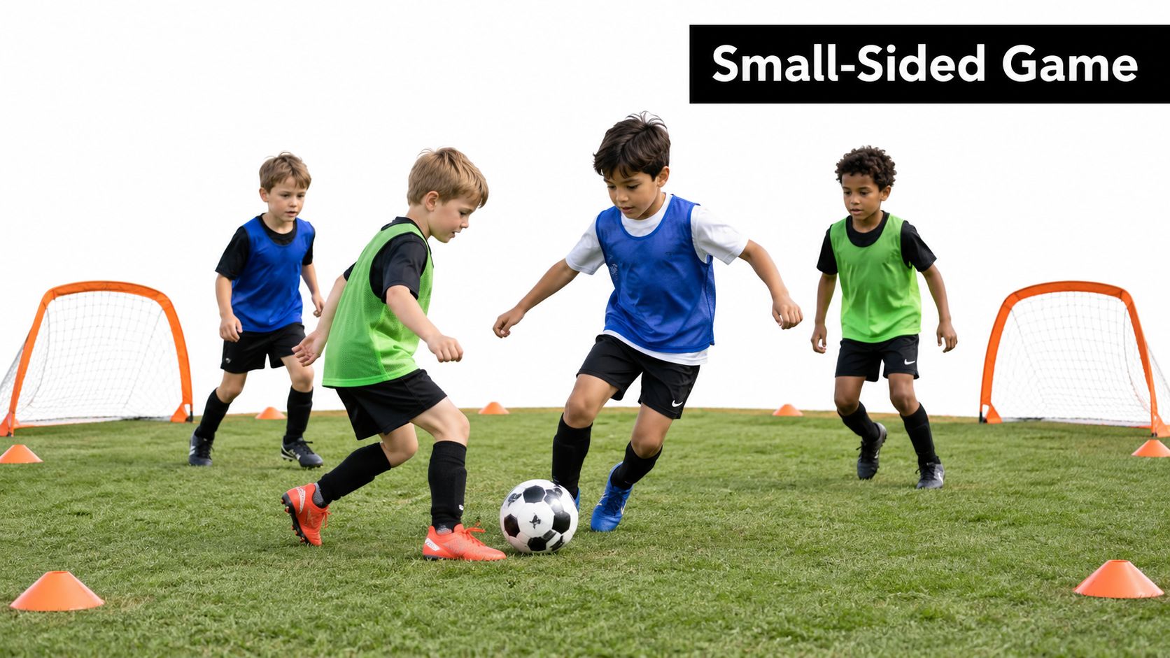 Four young children in colorful uniforms playing a small-sided soccer game on a grassy field.