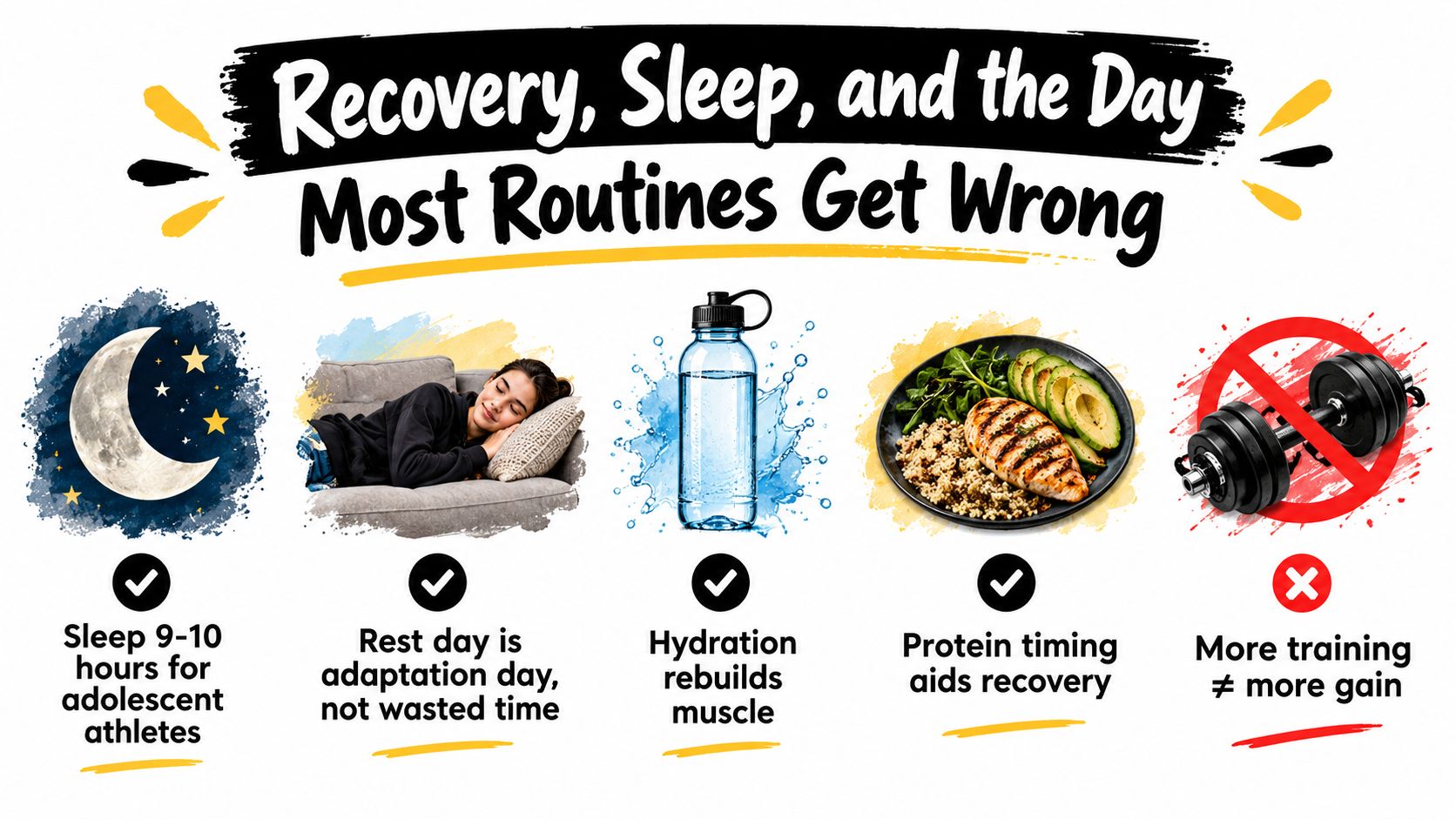 An infographic illustrating five key recovery and sleep principles for adolescent athletes to optimize performance and health.