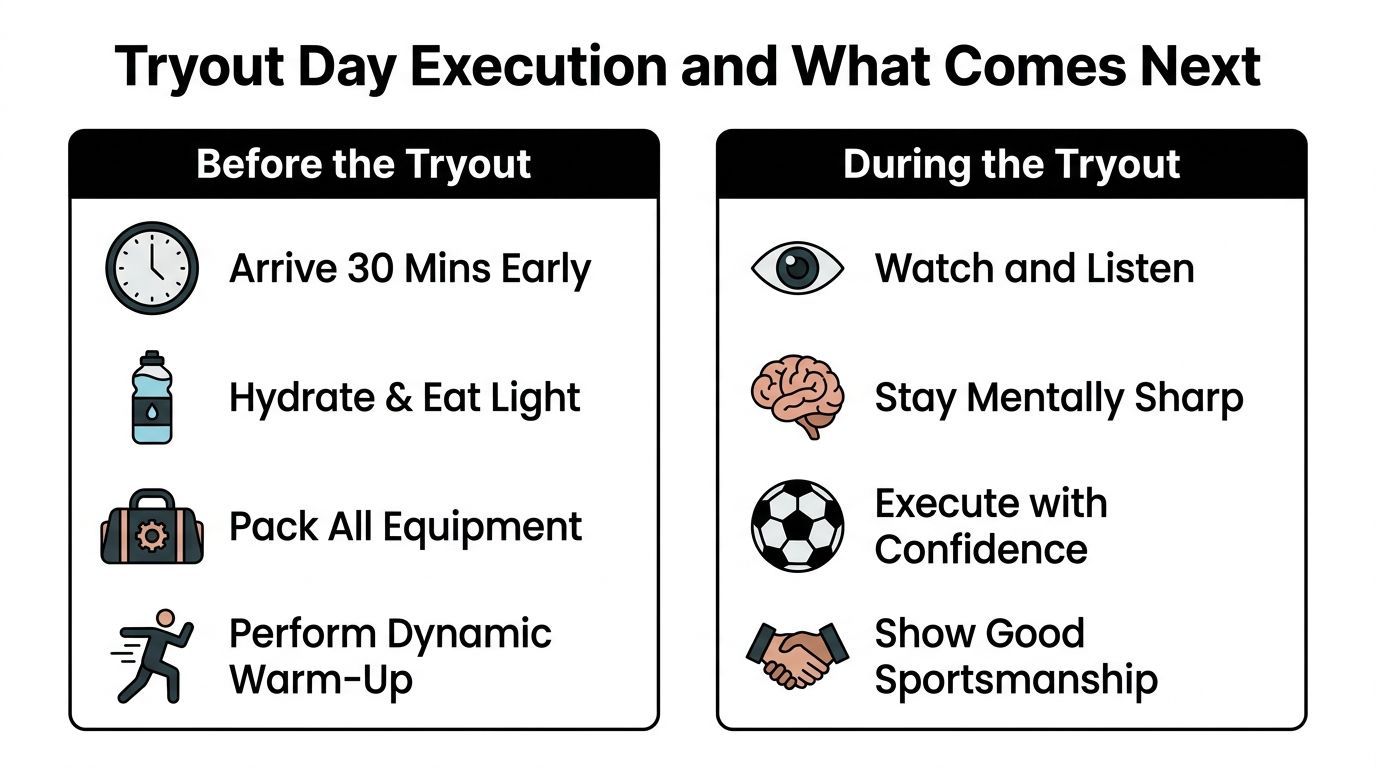 An infographic titled Tryout Day Execution and What Comes Next, detailing preparation steps before and during tryouts.