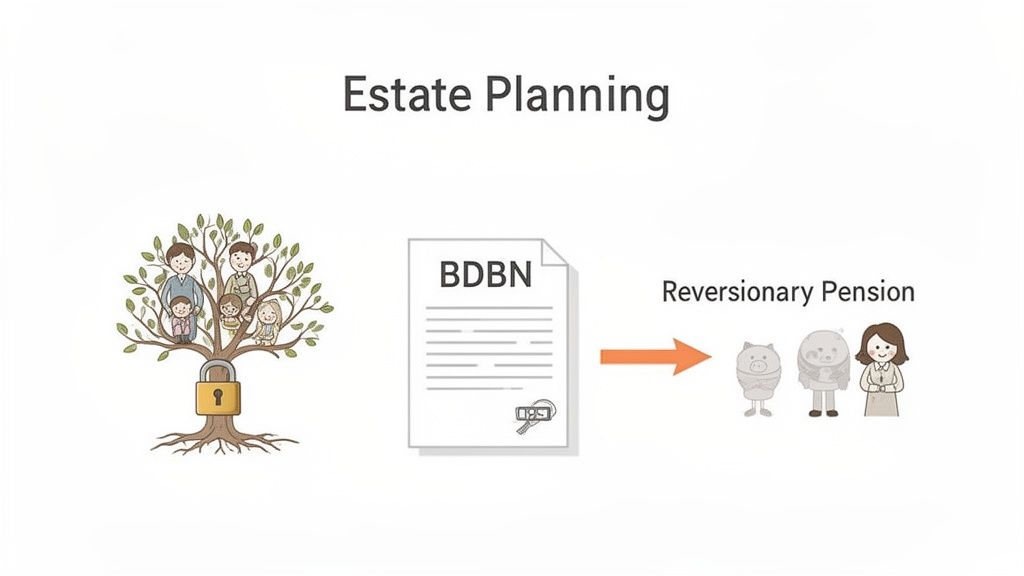 An illustration depicting estate planning, featuring a family tree with a lock, a BDBN document, and a reversionary pension with piggy banks and a woman.