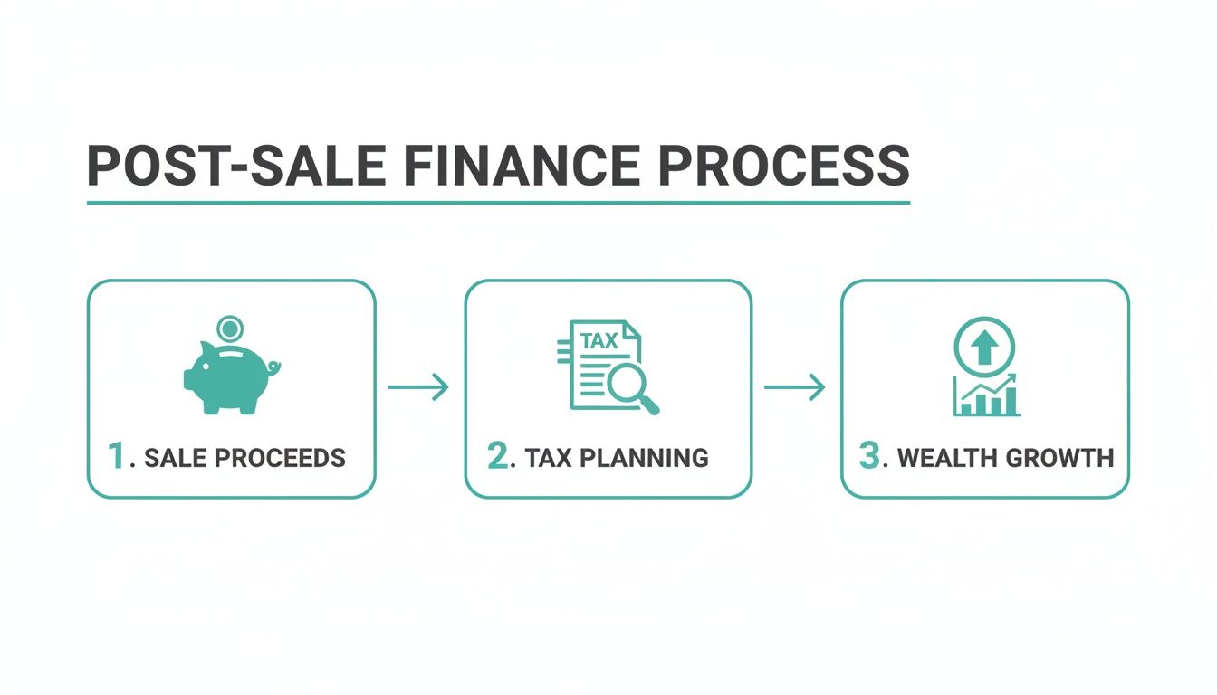 An infographic showing the post-sale finance process: 1. Sale Proceeds, 2. Tax Planning, 3. Wealth Growth.