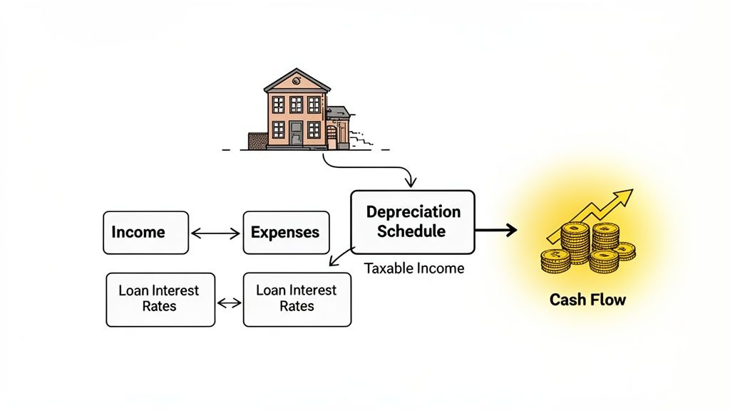Flowchart illustrating how a house's depreciation schedule influences income, expenses, and ultimately, cash flow.