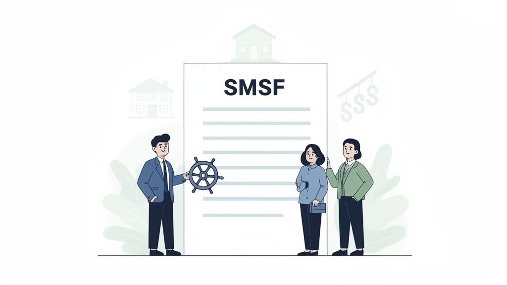 Professionals discussing an SMSF document, one holding a ship's wheel, with houses and dollar signs.