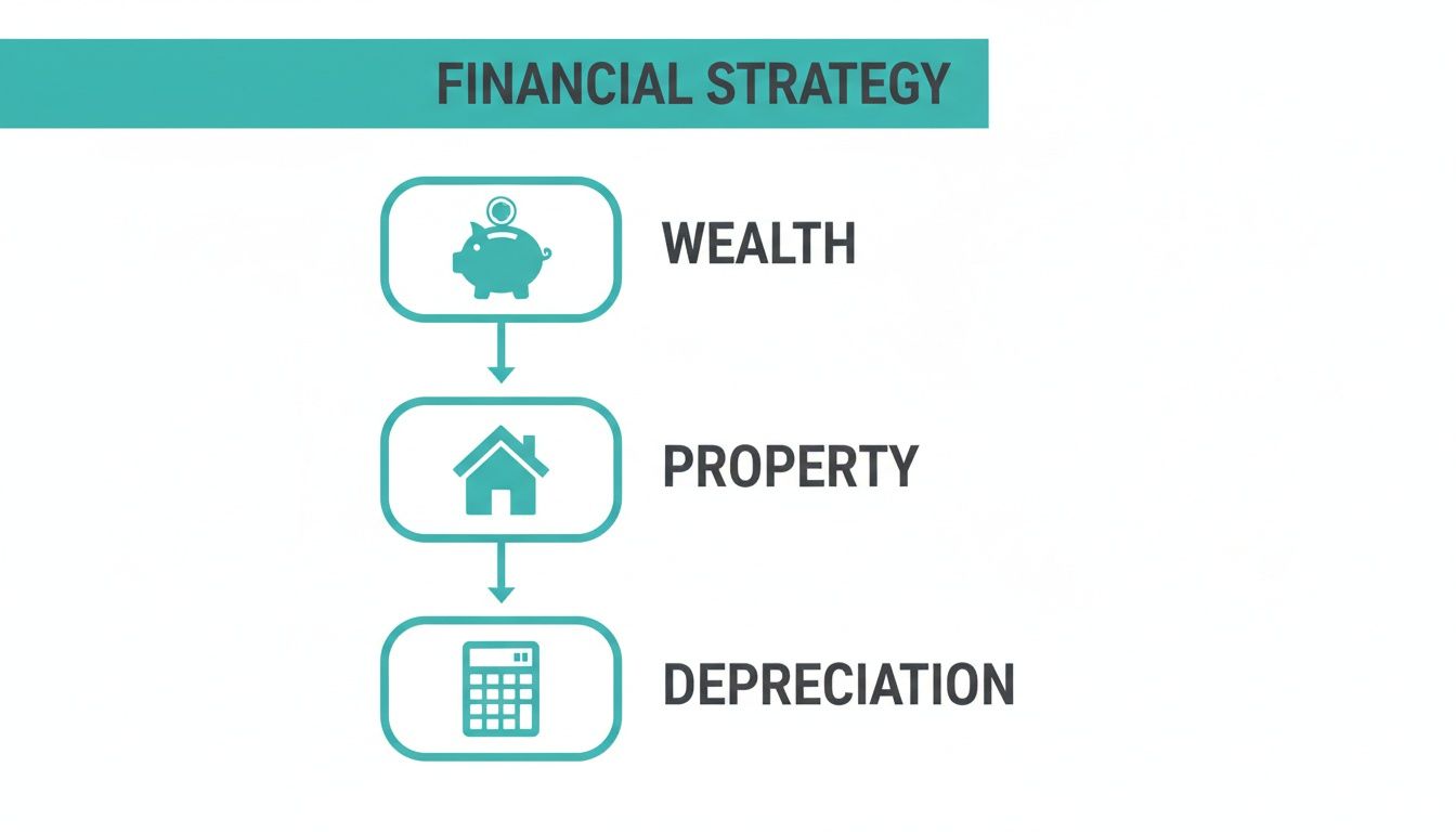 A financial strategy flowchart illustrating the concepts of wealth, property, and depreciation.