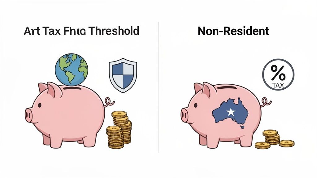 Two piggy banks illustrate tax thresholds for residents (globe, shield) and non-residents (Australia map, percent tax).