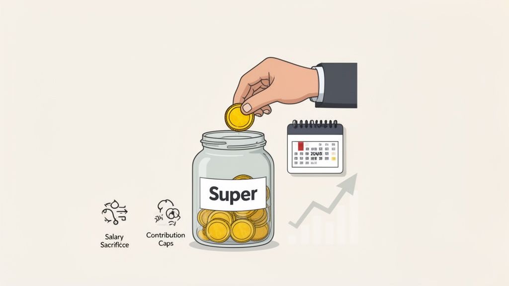 Illustration of contributing to a "Super" fund, showing coins, a calendar, a growth graph, and tax concepts.