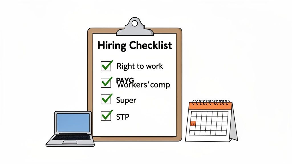 A hiring checklist clipboard with checked items for employment compliance, next to a laptop and calendar.