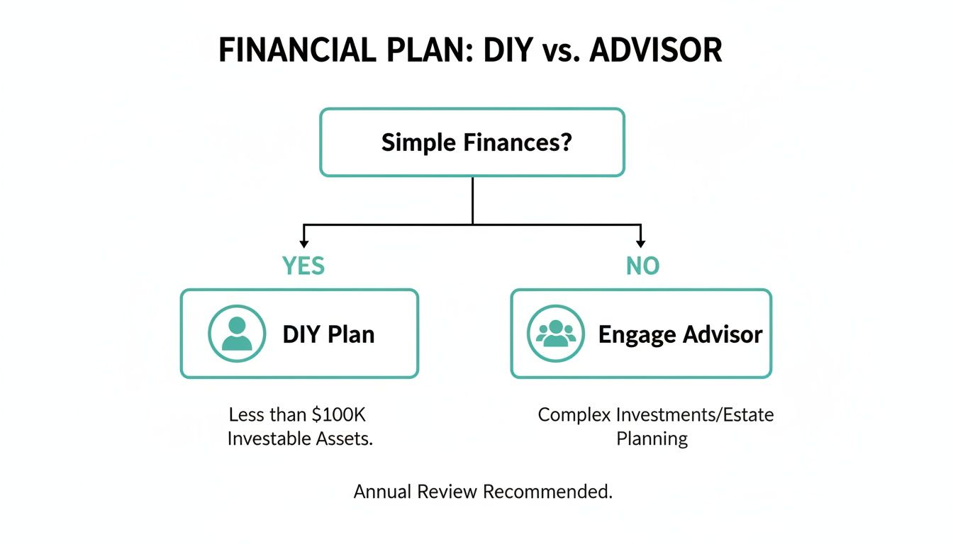 Flowchart comparing DIY financial plans versus engaging an advisor based on financial complexity.