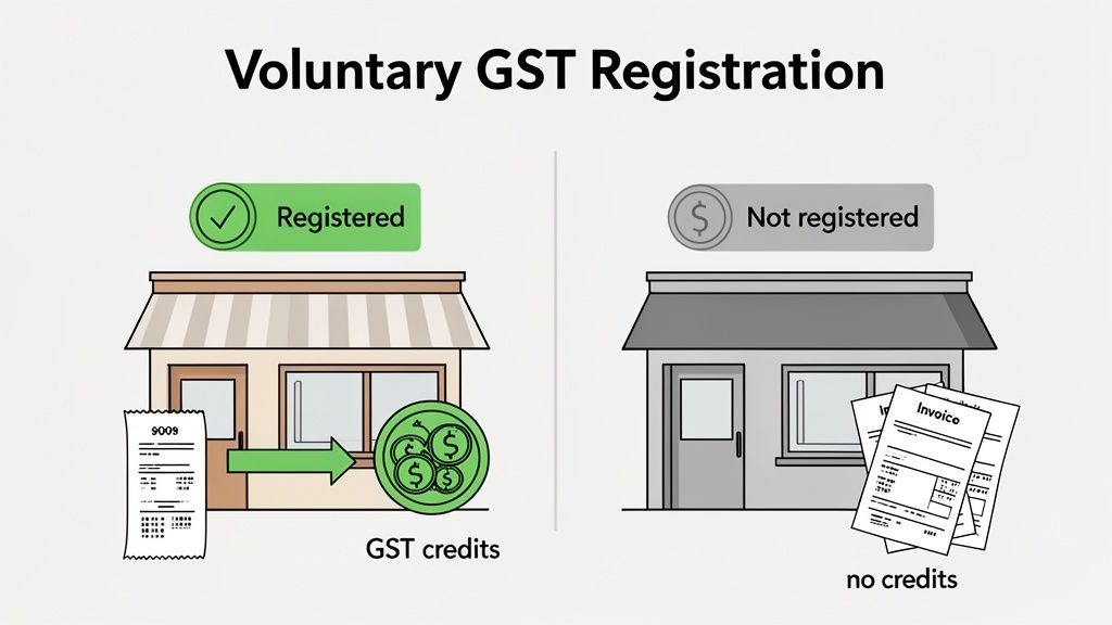 Illustration comparing GST registered and non-registered businesses, highlighting the benefit of GST credits.