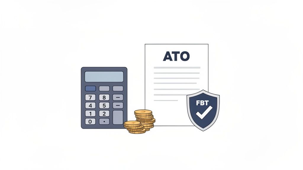 An illustration featuring a calculator, coins, an ATO document, and an FBT shield icon.