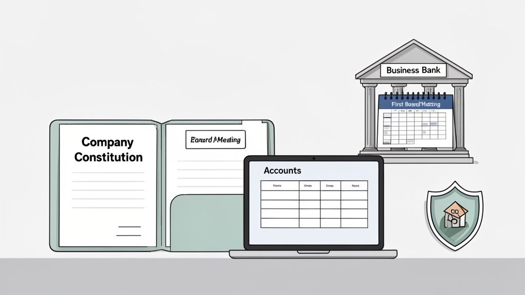 Illustration of company establishment essentials: constitution, board meetings, bank, accounts, and protection.