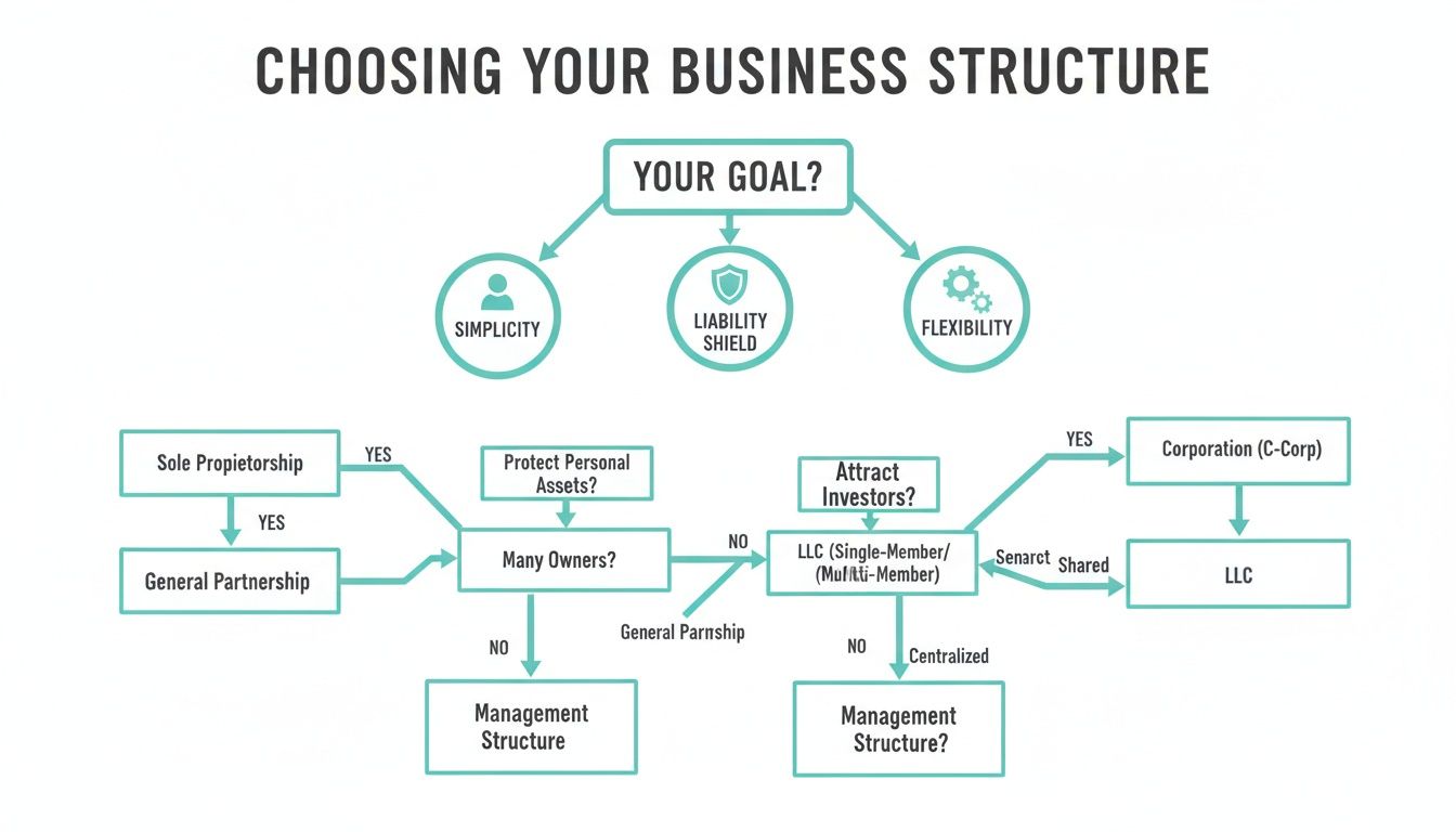 Flowchart guiding business owners to choose legal structures based on their goals and needs.